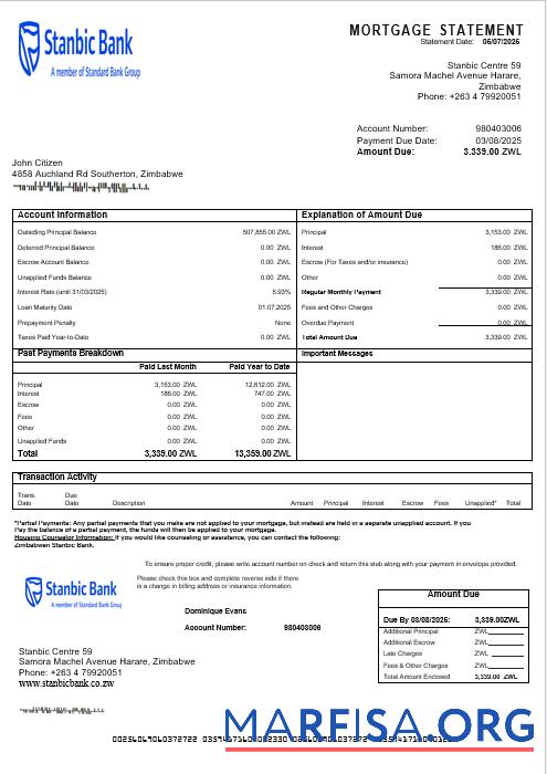 Realistic Zimbabwean Stanbic Bank mortgage statement in Word and PDF formats sample